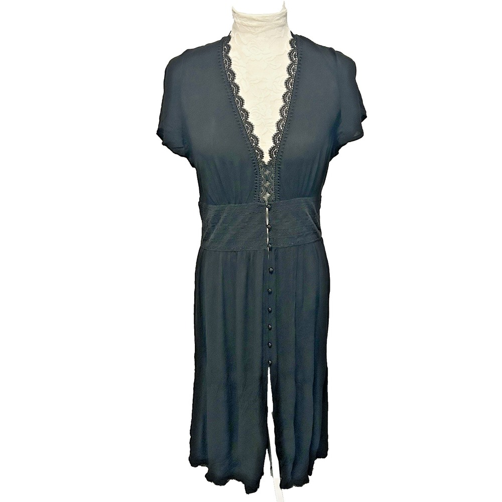 Beyond The Radar Button Front Midi Dress~M~Black Gauze Deep V Lace Whimsigoth